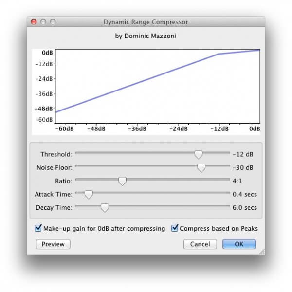 Audacity Compressor Defaults: Threshold -12dB, noise floor -30dB, ratio 4:1, attack time 0.4 seconds, decay time 6.0 seconds, make-up for gain, compress based on peaks
