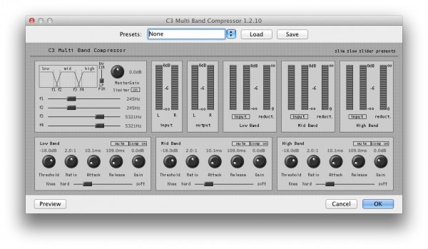C3 Multiband Compressor defaults, limiter on; low, mid, and high bands on