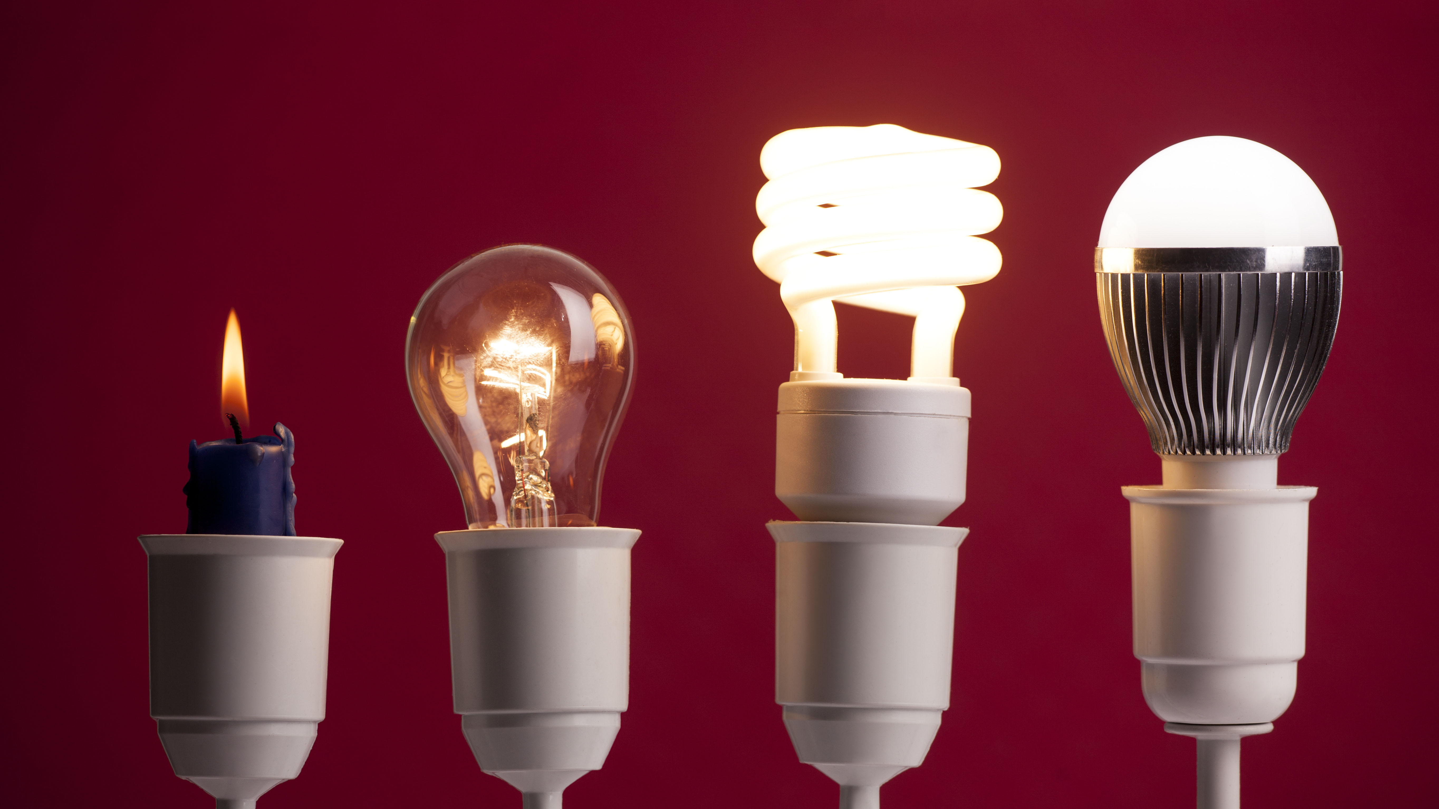 Progress of lighting with candle, tungsten, fluorescent and LED The